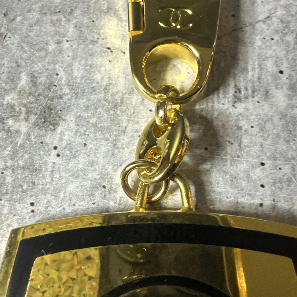 VINTAGE CHANEL Beauty Bag Charm Black/Gold Color Key Chain Ring